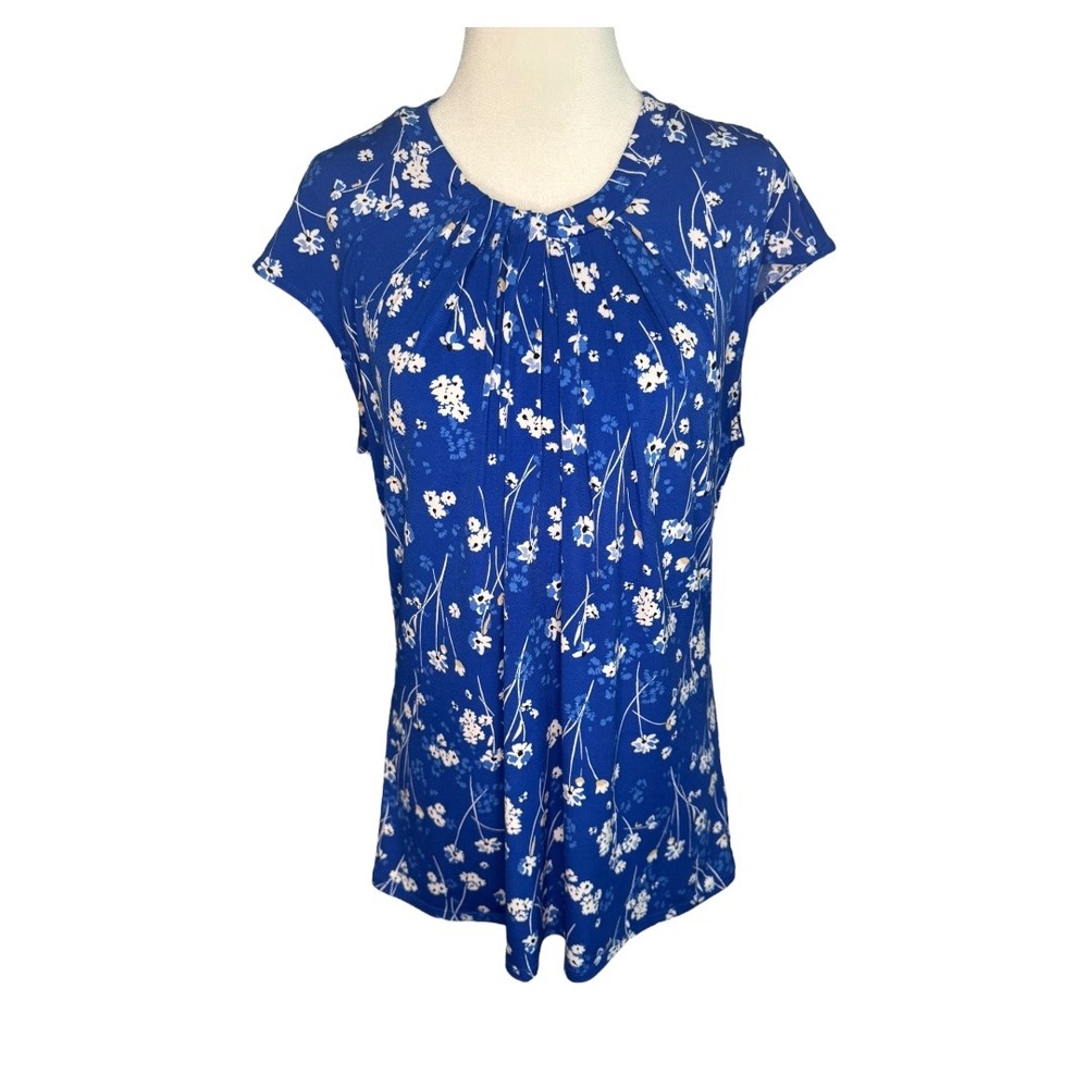Liz Claiborne Career Floral Blouse Pleated Front Top Blue White Small